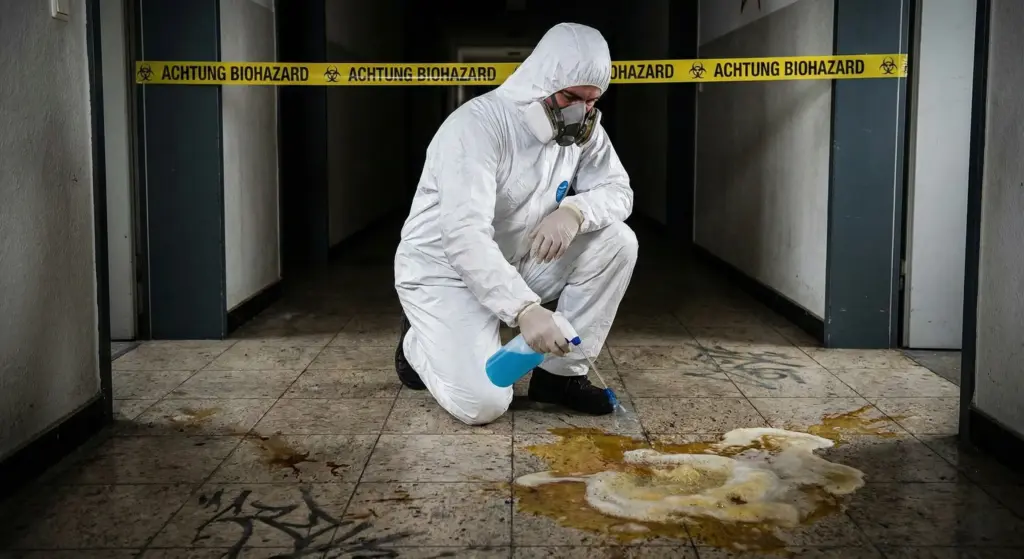 Spezialreiniger in Schutzausrüstung neutralisiert Buttersäure nach einem Vandalismus-Anschlag in Hamburg.